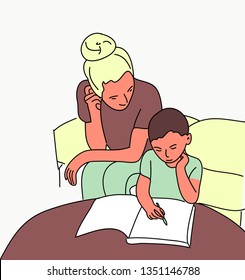 hand drawn mom with child learning at home flat pop art design style vector illustration