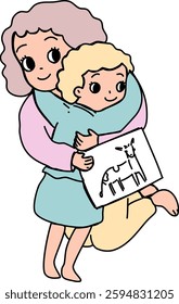 Hand drawn mom and kid Daughter hugging in affection love cartoon

