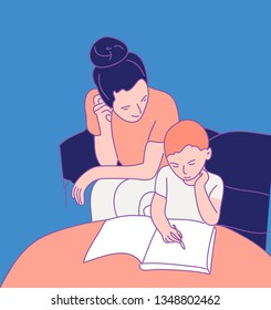 hand drawn mom with kid  learns at home, writes in a notebook
 flat art design style vector illustration