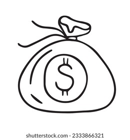 Hand drawn money bag illustration. Doodle style. Isolated on white background.
