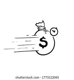 hand drawn money bag and timer symbol for Quick and easy loan, fast money providence, business and finance services, timely payment, financial solution,doodle