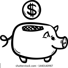 Hand drawn money bank pig doodle icon. Hand drawn black sketch. Sign symbol. Decoration element. White background. Isolated. Flat design. Vector illustration.
