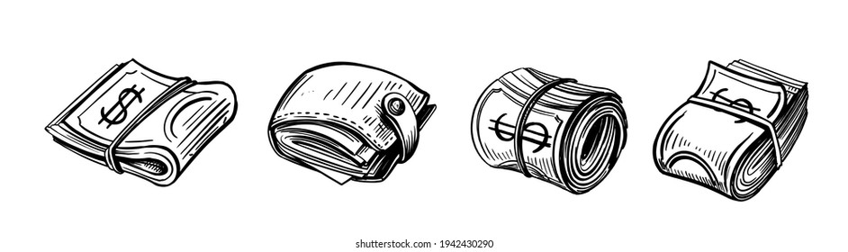 Hand Drawn Money Banknotes And Wallet In Doodle. Black Contours Sketch.