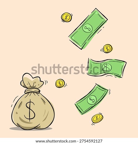 Hand drawn money doodle with dollar bills coins and money bag finance concept