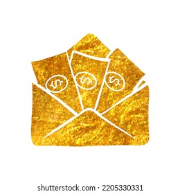 Hand Drawn Money Envelope Icon In Gold Foil Texture Vector Illustration