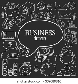 Hand drawn money, gold, box and business icons set on black background or backboard