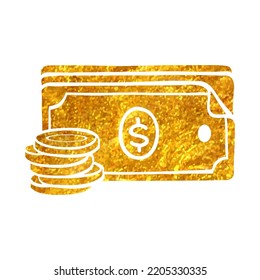 Hand Drawn Money Icon In Gold Foil Texture Vector Illustration