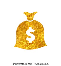 Hand Drawn Money Sack Icon In Gold Foil Texture Vector Illustration