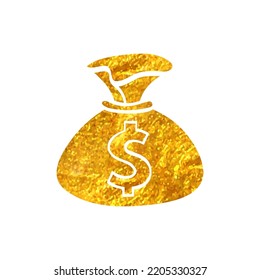 Hand Drawn Money Sack Icon In Gold Foil Texture Vector Illustration