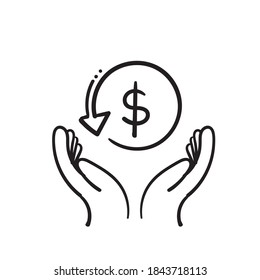 hand drawn hand and money symbol for cashback icon, return money, cash back rebate, thin line web symbol on white background in doodle