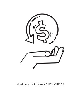 hand drawn hand and money symbol for cashback icon, return money, cash back rebate, thin line web symbol on white background in doodle