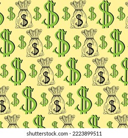 hand drawn moneybag golden and green success seamless pattern for textile wrapping paper design wallpaper kids background eps vector creative