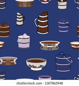 Hand drawn mongolian traditional kitchenware, dishes, pots and plates illustrated in blue, brown, silver, grey, pink and white.