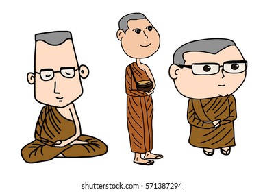 Hand drawn monk of buddhism cartoon vector