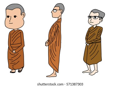 Hand drawn monk of buddhism cartoon vector