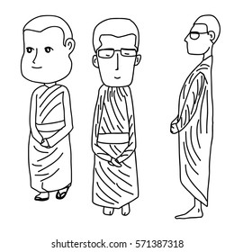 Hand drawn monk of buddhism cartoon vector