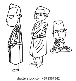 Hand drawn monk of buddhism cartoon vector