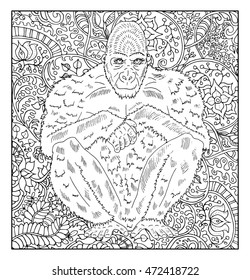 Hand drawn monkey against zen floral pattern background for adult coloring book. Chinese new year astrological sign, horoscope and zodiac vector symbol, graphic illustration, vintage engraved style