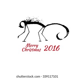 Hand drawn monkey animal vector illustration. Merry Christmas and Happy New Year card. Sketch isolated marmoset on white background