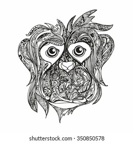 Hand drawn monkey for anti stress Coloring Page with high details, isolated on white background, illustration in zentangle style. Vector monochrome sketch. 