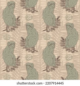 Hand Drawn monkey and branches with leaves on organic background, Vector Seamless pattern For fabrics, clothing, decoration, home decor, cards and templates, wrapping paper, kids prints.