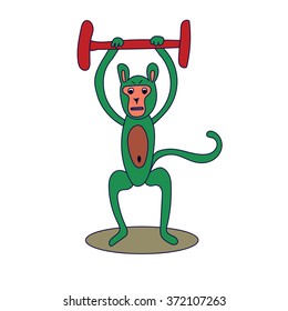 hand drawn monkey doing sport holding a crossbar in it's hands. vector illustration 