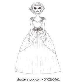 Hand drawn monkey dressed up in the evening dress. Can be used to design for wedding invitation, card, poster, t-shirt. Princess style. Vector fashion illustration. 