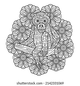 Hand drawn monkey with flowers in zentangle style