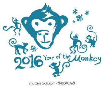 Hand Drawn Monkey head 2016 New Year Chinese zodiac sign, silhouettes isolated on white.