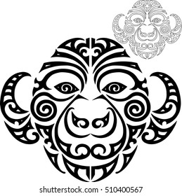 Hand drawn monkey head stylized Maori face tattoo. Vector