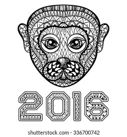 Hand drawn Monkey head, symbol of New Year 2016, zentangle illustration for adult anti stress Coloring pages or tattoo design with high details isolated on white background. Vector sketch.