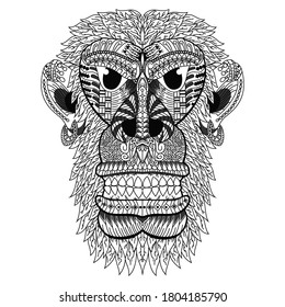 Hand drawn monkey head in zentangle style
