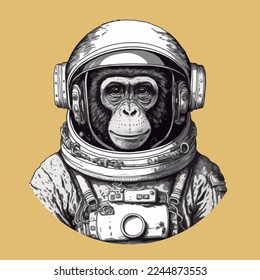 Hand drawn monkey hipster astronaut vector illustration. Monkey astronaut in outer space t-shirt design