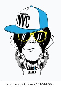 Hand drawn monkey illustration, with glasses, a headphone, a hat and hand drawn slogans. Vector graphics for t-shirt and other uses.