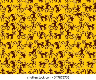 Hand Drawn Monkey. Jumping fun monkeys silhouette seamless pattern.