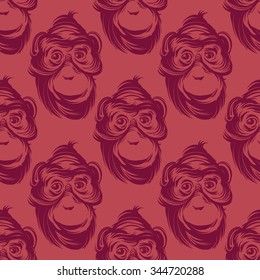 Hand drawn monkey seamless pattern in vintage style. Vector line art.