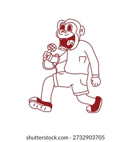 Macaco desenhado à mão cantando ilustração de desenho animado retrô  