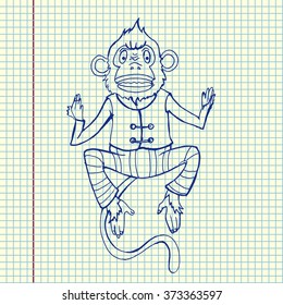 Hand drawn monkey. Sketch in copybook. Vector illustration