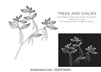 hand drawn mono line vector illustration.
trees and chilies.
with appearance in negative space.