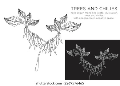 hand drawn mono line vector illustration.
trees and chilies.
with appearance in negative space.