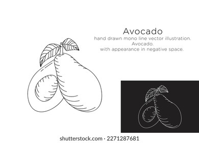 handgezeichnete einzeilige Vektorgrafik.
Avocado.
mit dem Aussehen im negativen Raum.
