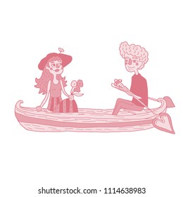 Hand drawn monochromatic illustration depicted happy young couple sailing on a boat. Isolated vector design for Valentine's day in red and blue colors.