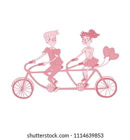 Hand drawn monochromatic illustration depicted happy young couple riding tandem bicycle with balloons in shape of heart. Isolated vector design for Valentine's day in red and blue colors 