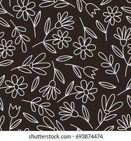 Hand drawn monochromatic seamless vector botanical pattern.  Simple hand illustrated whimsical flower outline background