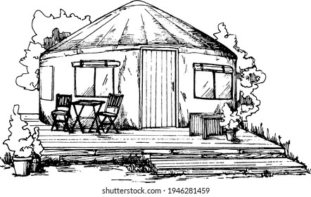 hand drawn monochromatic tourist camping yurt sketch with chairs on terrace and trees on white background