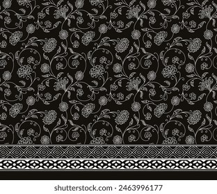 HAND DRAWN MONOCHROME BAROQUE, RENAISSANCE, FLORAL REPEAT PATTERN WITH BORDERS IN VECTOR