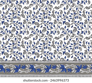 HAND DRAWN MONOCHROME BAROQUE, RENAISSANCE, FLORAL REPEAT PATTERN WITH BORDERS IN VECTOR