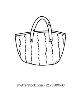 Hand drawn monochrome beach bag doodle style, vector illustration isolated on white background. Black outline accessory for storage, handy fashionable bag, contour