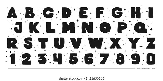 Hand drawn monochrome bizarre alphabet thick font, unusual latin typeface in matisse art style, vector bold letters and numbers