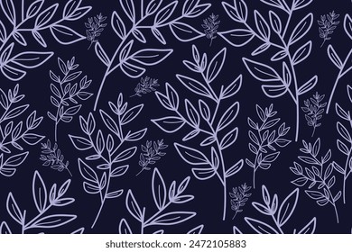 Hand drawn monochrome botanical doodle plant pattern on dark purple isolated background. Graceful plant branches in linear clean style. For cards, prints, stylish floral decor.